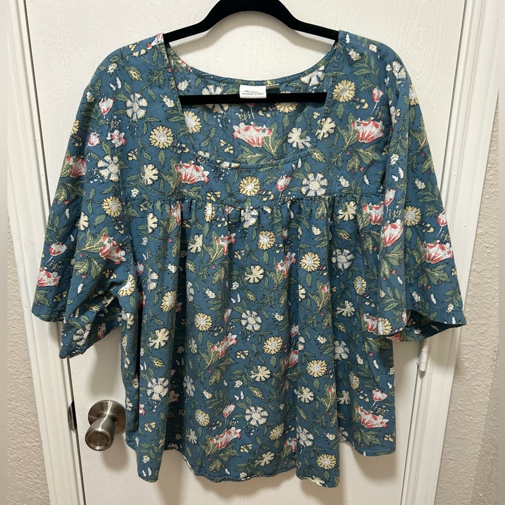 The Vermont Country Store Sunflower Floral Square Neck Blouse 100% Cotton Sz 2X